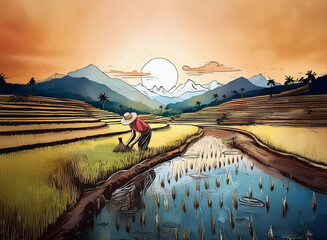 Amidst a mountain background, a figure cultivates a rice paddy field as the sun sets, coloring the sky with warm tones.