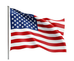 Patriotic United States of America waving flag with stripes and stars on transparent background