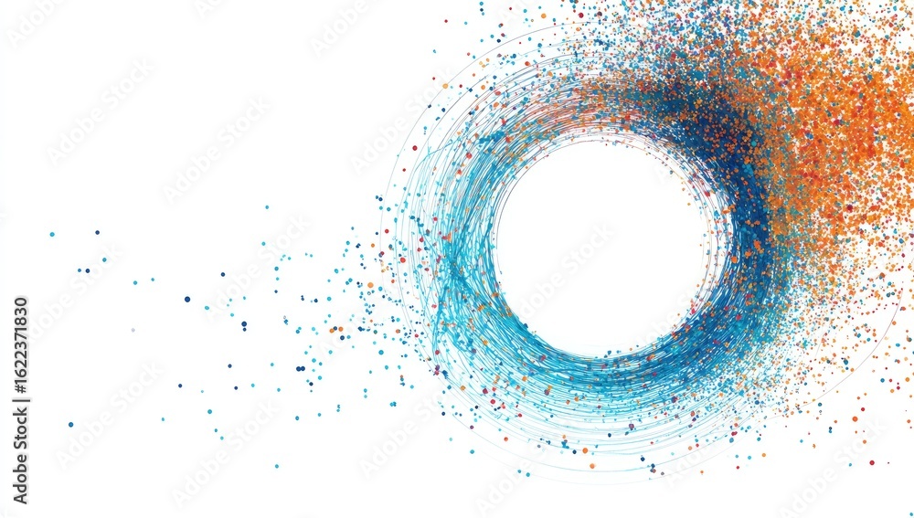 Poster abstract circular frame, swirling lines and particles of color radiating outward on a white backgrou