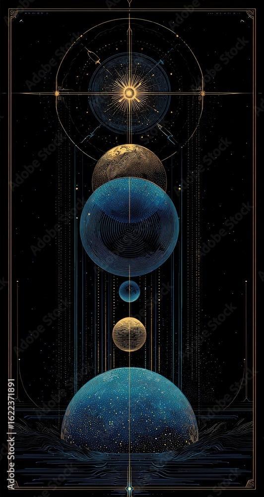 Poster cosmic alignment of glowing planets in deep space