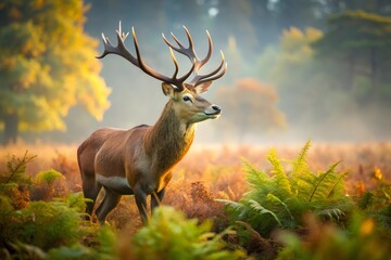 Obraz premium Majestic stag with antlers stands proudly in a sunlit autumn forest amidst ferns and fog