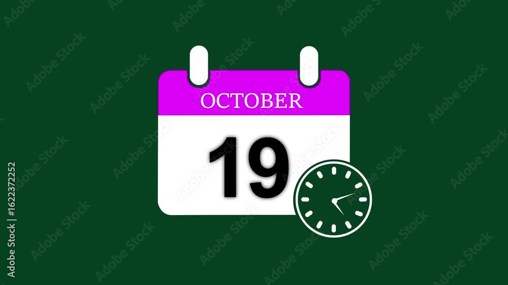 Poster 19 october date calendar icon animation ,october month 19 date calendar icon clock animation. 19 oct