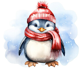 Watercolor illustration of a cute baby penguin with winter hat and scarf on transparent background