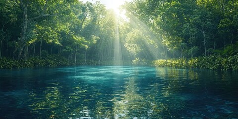 Tropical cenote cave with turquoise water, sunrays streaming through tree canopy, rocks, vines hanging, dense jungle vegetation, crystal clear pool, natural cave walls. Generative by AI.