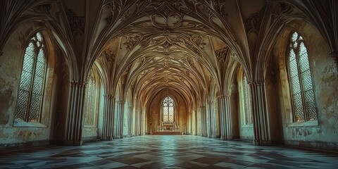 Gothic cathedral interior with vaulted ceilings, ornate arches, stained glass windows, empty hall with tiled floor, distant altar, ambient natural light through tall windows. Generative by AI.