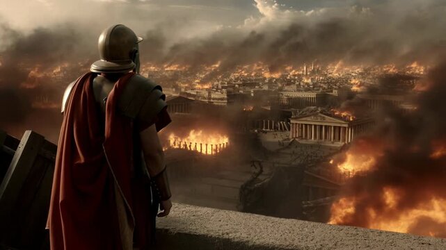 Roman soldier watching ancient city engulfed in flames with destruction, war and chaos in historical cinematic apocalypse scene