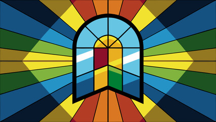 Obraz premium A vibrant abstract stained glass window design featuring bold colors and geometric patterns.