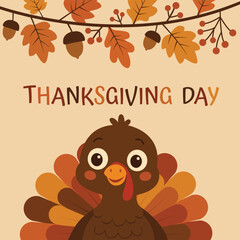 Obraz premium Cute Turkey Thanksgiving Day Poster with autumn-colored feathers, acorns, berries, and fall leaves. A perfect festive design for Thanksgiving celebrations, school decorations, greeting cards