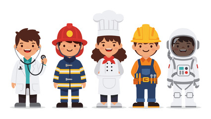 A diverse group of cute children dressed in various professional career uniforms.