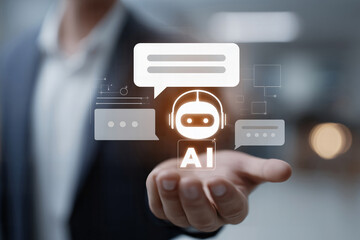 Hand Holding AI Customer Service Robot and Chat Bubbles, Presenting Intelligent Interaction and AI Application Scenario