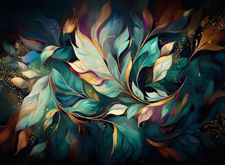 Elegant stylized leaves in teal, gold, and purple swirl gracefully across a dark background, creating a rich, ornate design.