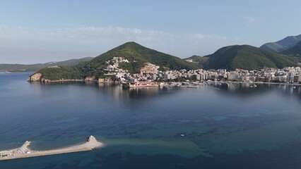 Budva city town in Montenegro on the Adriatic Sea Riviera Balkans drone aerial view