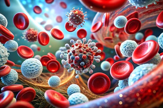 Microscopic view of red blood cells and viruses circulating within the bloodstream highlighting a viral infection