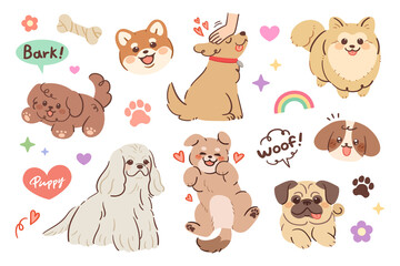 A set of cute puppy illustrations. Cocker Spaniel, Poodle, Pug, Shiba Inu, and more.
