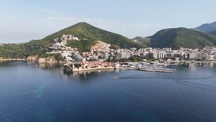 Budva city town in Montenegro on the Adriatic Sea Riviera Balkans drone aerial view