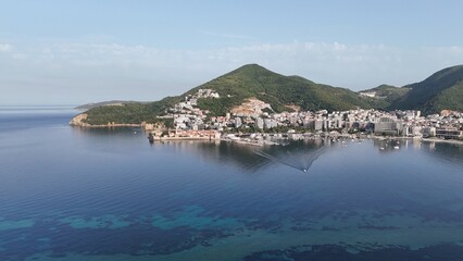 Budva city town in Montenegro on the Adriatic Sea Riviera Balkans drone aerial view