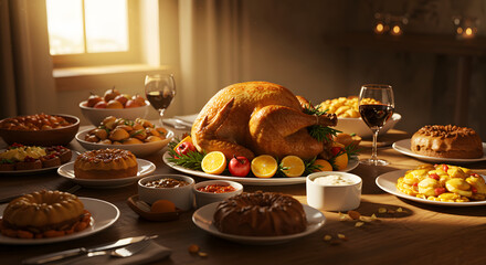 Festive Roast Turkey Dinner with Various Side Dishes and Glasses of Wine in Warm Natural Light