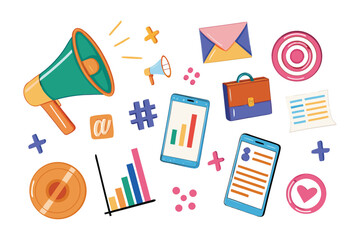 Marketing and Business Illustration: A vibrant illustration representing the tools and elements of business and marketing, designed with a modern, clean aesthetic. Showcasing social media.