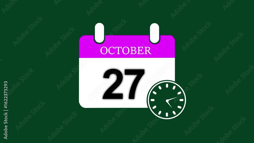 Poster 27 october date calendar icon animation ,october month 27 date calendar icon clock animation. 27 oct