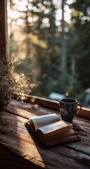 Obraz premium Open book & mug on rustic wooden windowsill, sunlit forest view