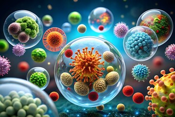 Microscopic world of diverse cells and viruses encased in bubbles with a dark blue background