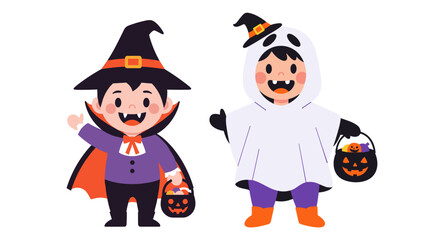 Cute illustration of two children in vampire and ghost costumes for Halloween trick-or-treating