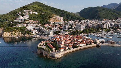 Budva city town in Montenegro on the Adriatic Sea Riviera Balkans drone aerial view