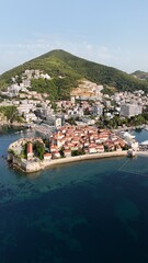 Budva city town in Montenegro on the Adriatic Sea Riviera Balkans drone aerial view