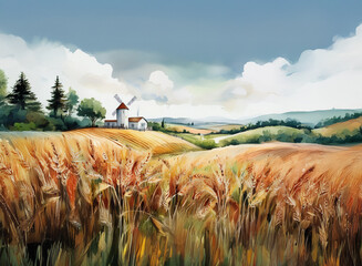 A scenic countryside view features golden wheat fields in the foreground, a quaint windmill house, trees, and a cloudy sky in the background.