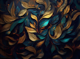 Elegant abstract background featuring stylized leaves in gold, teal, and brown. Decorative and ornate floral pattern creating a rich backdrop.