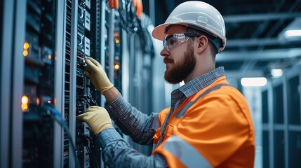 Industrial network installation workers performing setup in server room technology environment gigapixel standard scale