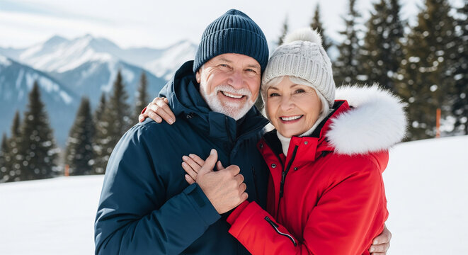 Happy beautiful senior couple of pensioners hugging and smiling at ski resort, concept of winter vacation for pensioners, hello winter, winter holidays