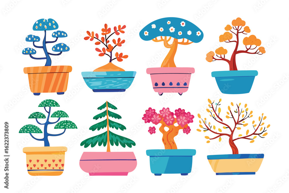 Poster artistic bonsai collection: a colorful, illustrative collection of diverse bonsai trees in a harmoni