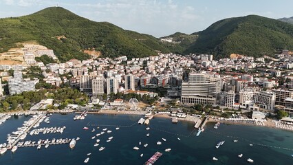Budva city town in Montenegro on the Adriatic Sea Riviera Balkans drone aerial view