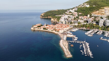 Budva city town in Montenegro on the Adriatic Sea Riviera Balkans drone aerial view