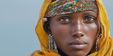 Close-up of person with brown eyes wearing colorful beaded headdress and face covering with orange, yellow, blue, silver beads visible. Generative by AI.