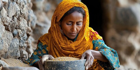 Woman wearing yellow patterned headscarf and green dress sorting grains in metal bowl beside stone wall outdoors. Generative by AI.