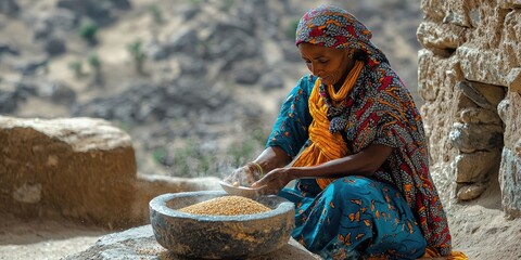 Woman wearing yellow patterned headscarf and green dress sorting grains in metal bowl beside stone wall outdoors. Generative by AI.