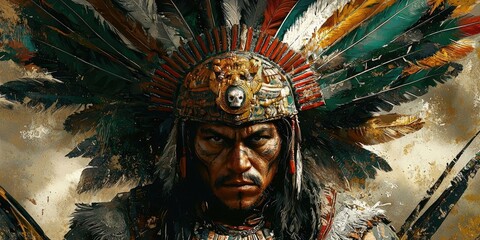 Man wearing elaborate feathered headdress and chest armor with turquoise, red, brown details standing outdoors with others behind. Generative by AI.