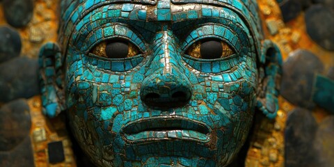 Large turquoise mosaic mask with black eyes set on stone wall, detailed tile arrangement with cracks and weathering visible. Generative by AI.