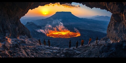 People standing on rocky edge looking into bright orange lava lake with smoke rising, wide volcanic landscape. Generative by AI.