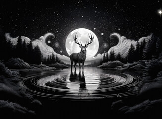 A majestic deer stands at a tranquil lake under a bright full moon, set against a starry night background and silhouetted trees.