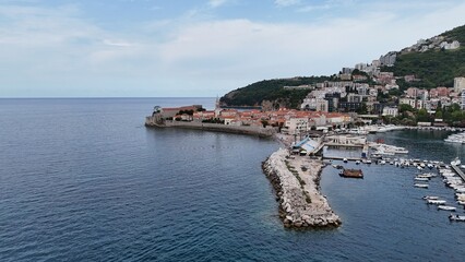 Budva city town in Montenegro on the Adriatic Sea Riviera Balkans drone aerial view