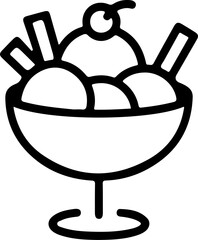Simple black and white outline drawing of a delicious ice cream sundae in a glass bowl
