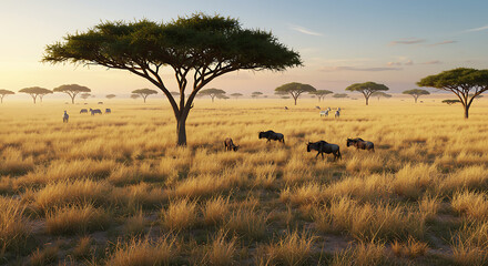 Serene African Savannah Landscape with Wildebeest Grazing Under Acacia Trees at Sunset