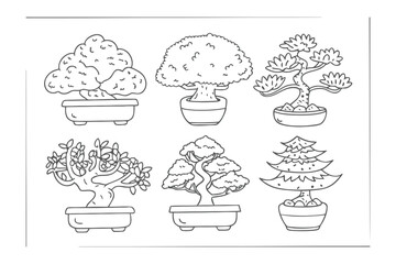 Botanical miniature: Artistically rendered, six meticulously crafted bonsai trees stand in their respective pots.