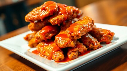 close up white plate appetizer spicy food juicy sauce buffalo wings chicken wings American cuisine shallow depth
