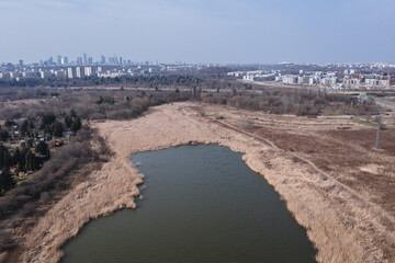 Drone photo of Czerniakowskie Lake nature reserve in Mokotow district of Warsaw, capital of Poland