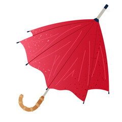 Vector illustration of red open umbrella with wooden handle. Textured hand drawn fall parasol design in warm tones for cozy autumn cards, weather graphics, poster or fashion accessory decoration