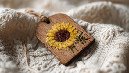 Wooden tag with embroidered sunflower